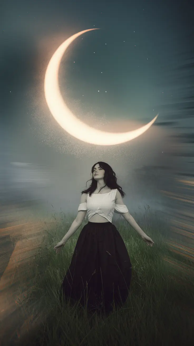 A dreamlike moment captured in a field under a giant crescent moon, blending fashion, nature, and fantasy in a visually striking composition.