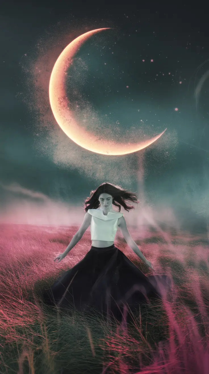 A woman in a flowing black skirt stands in a pink grass field under a glowing crescent moon, evoking a surreal and mystical atmosphere.