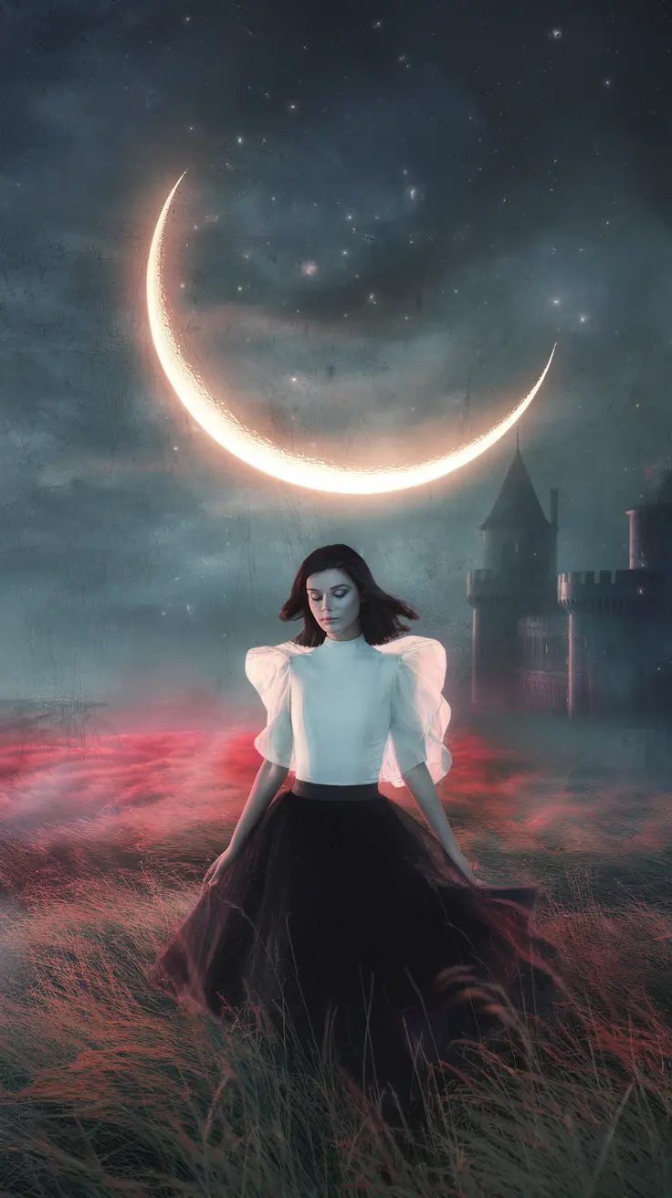 Fantasy scene of a serene woman beneath a luminous moon, with a misty castle in the background and stars scattered across a dark sky.