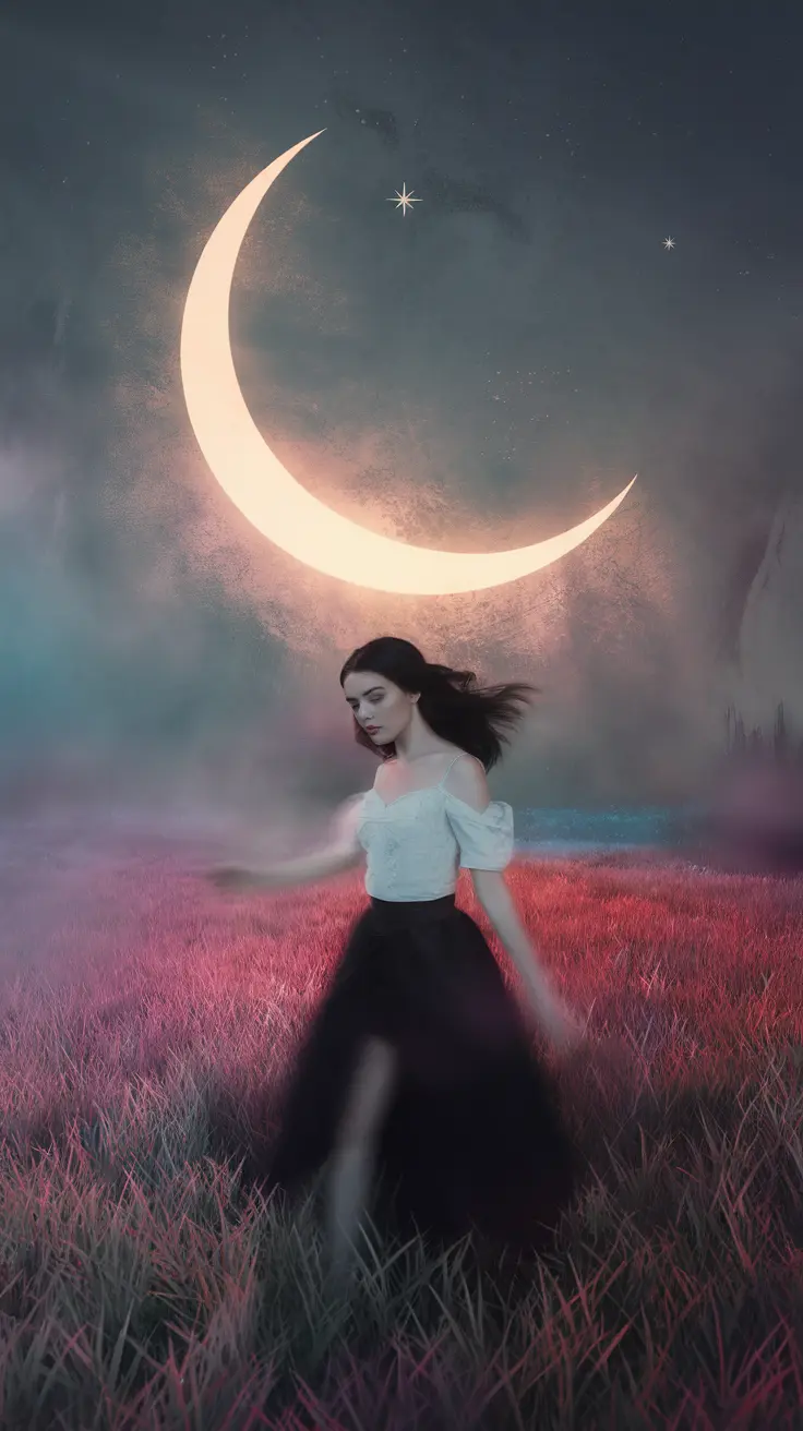 Ethereal landscape featuring a contemplative figure in black and white attire, surrounded by fog, moonlight, and vibrant multicolored grass.