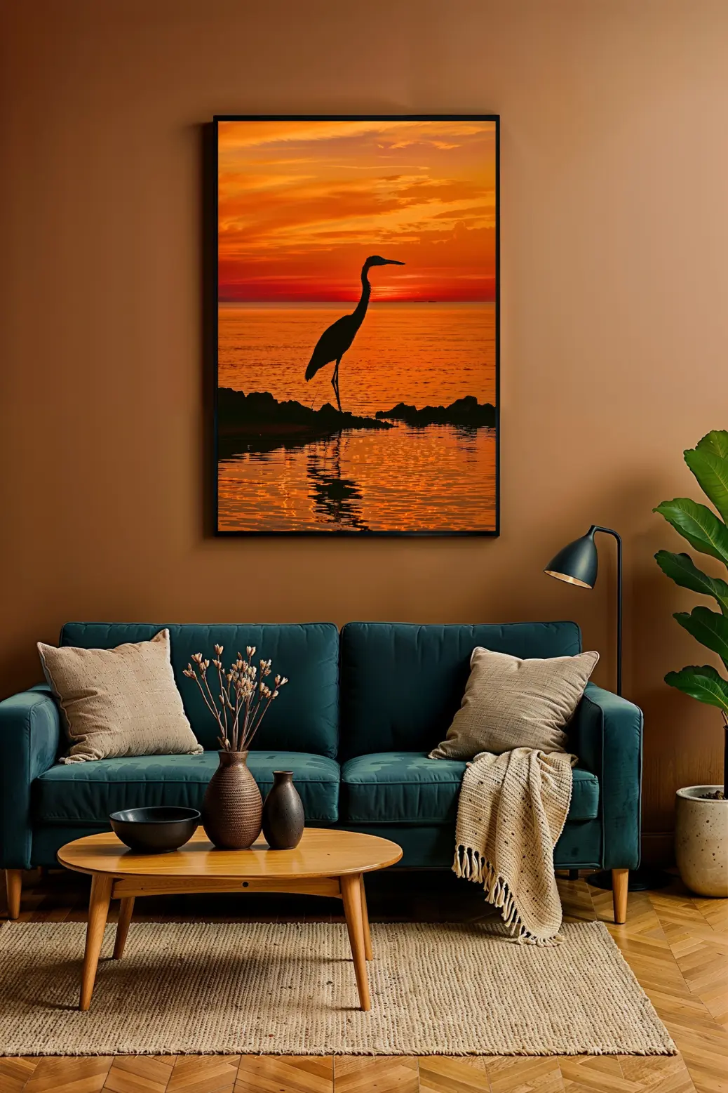 A review image of the fiery heron sunset print. This digital art, shown in a 24x36 inch frame mockup, hangs above a sofa. This review highlights how the 300 DPI PNG file provides a high-quality, instant download for affordable home decor, adding a warm, coastal vibe to the living room.