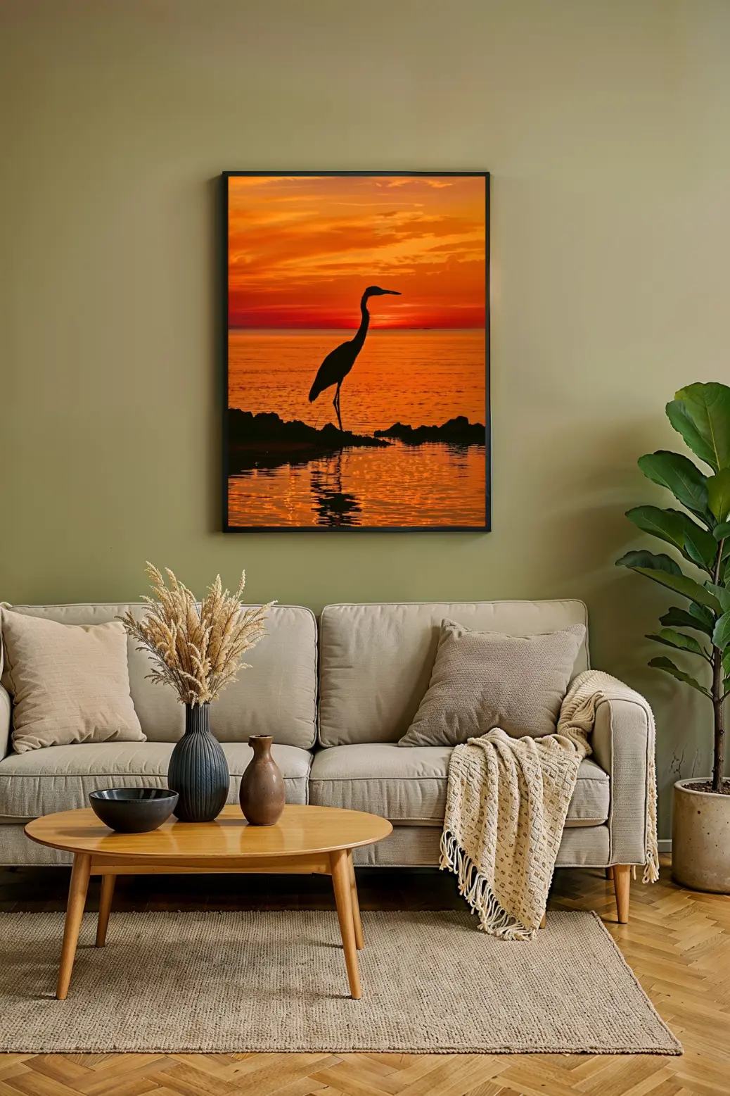 A close-up detail of the heron silhouette digital art, highlighting the vibrant, fiery red and orange colors of the sunset. This review post discusses how this printable artwork, provided as a 300 DPI PNG file, brings a sense of serenity and a warm, coastal theme to any room. An instant download for beautiful decor.