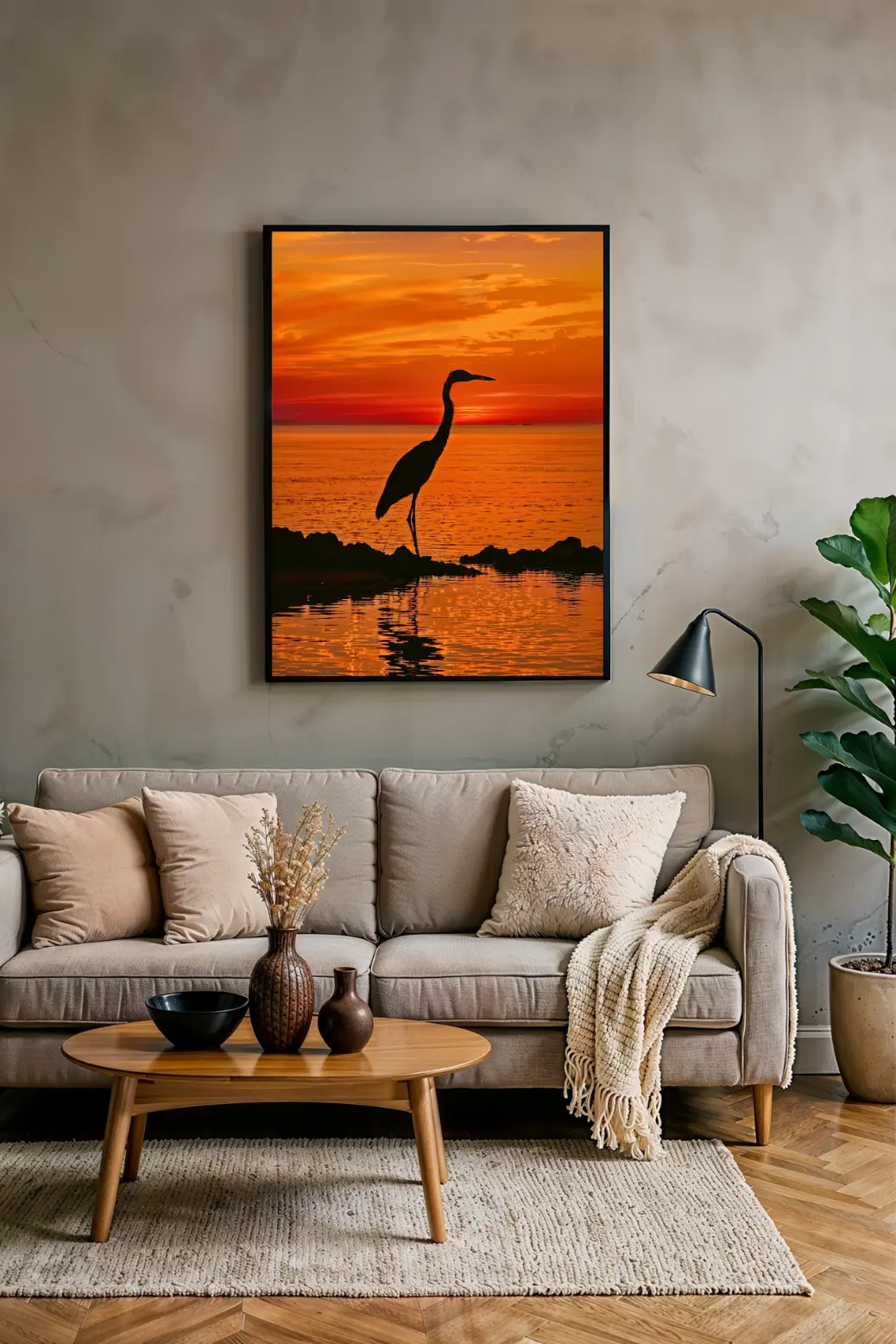 Our heron sunset digital wall art, the subject of this product review. The image features a bird silhouette against an orange ocean sunset. This instant download is a 300 DPI PNG file, scalable to 2:3 ratio sizes like 16x24 or 24x36, making it a versatile and affordable printable art piece.