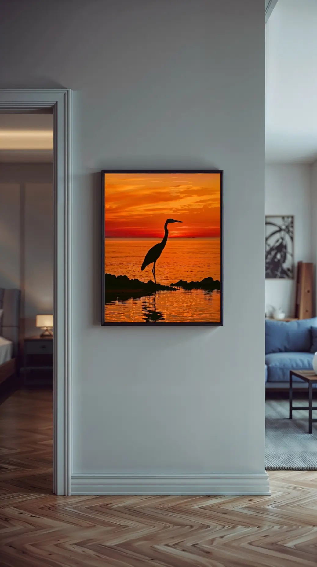 This image, featured in our blog review, is a printable heron sunset artwork. It captures a moment of peace with a bird silhouette on a rocky shore against a brilliant orange and red sky. The calm ocean reflects the fiery colors. This instant download PNG file is a top-quality, 300 DPI digital art piece.