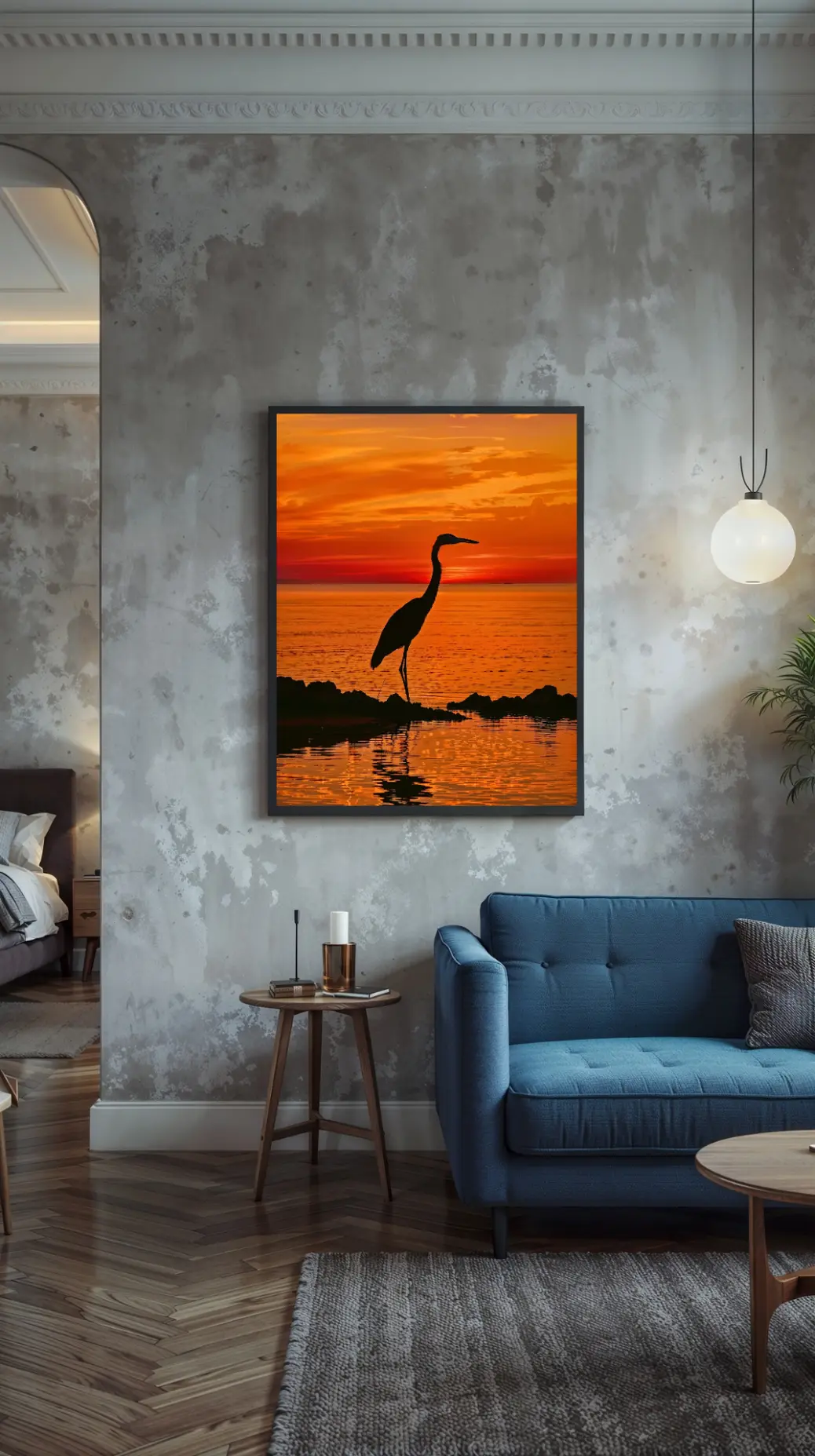 An image of the heron sunset digital art being reviewed in this blog post. The art features a stark black heron silhouette against a stunning, fiery orange sunset over the water. This review explains why this 300 DPI PNG instant download is a five-star choice for affordable, high-quality printable coastal decor.