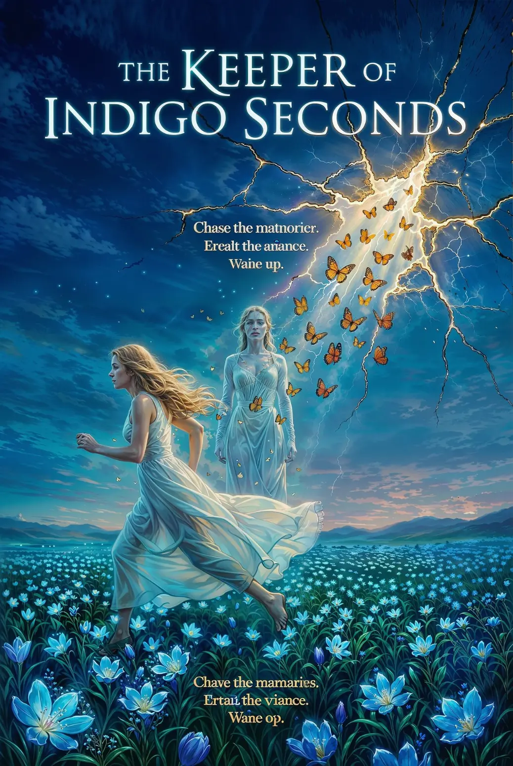 A surreal conceptual portrait of a young woman standing frozen in a vast meadow of bioluminescent blue flowers. She wears a simple white slip dress and keeps her eyes closed, appearing to be in a deep trance or dream state. Several magical butterflies with orange and brown wings float around her, symbolizing lost memories returning to her. The atmosphere is moody, calm, and deeply saturated with indigo and cyan tones, evoking a sense of purgatory.