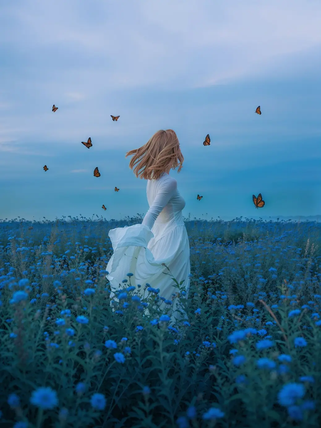Ethereal fantasy photography featuring a monochromatic blue color palette. A blonde woman with long wavy hair stands in profile amidst a field of tall blue wildflowers under a soft, cloudy twilight sky. The lighting is diffuse and dreamlike. Butterflies hover in the air, adding a touch of magic to the scene. This image perfectly captures the &#39;sad girl&#39; aesthetic and whimsical fantasy themes, suitable for blog posts about dreams, dissociation, or peace.