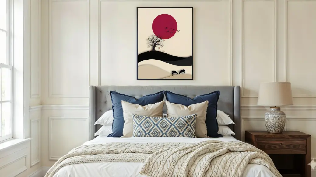 An interior design visualization showing the &#34;Crimson Sun &amp; Deer&#34; print framed in a sleek, thin matte black frame. It is hanging centered on a white wall above a light grey mid-century modern sofa. The warm tones of the artwork&#39;s background coordinate with the neutral furniture, while the bold red sun provides a striking focal point that anchors the living room decor.