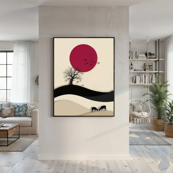 A detailed crop showing the intersection of the rolling hills at the bottom of the print. The image focuses on how the black, dark grey, and beige layers curve over one another with subtle drop shadows. These shadows create a trompe-l&#39;œil optical illusion, making the flat 2D digital print appear as if it were constructed from physical layers of cut cardstock paper.