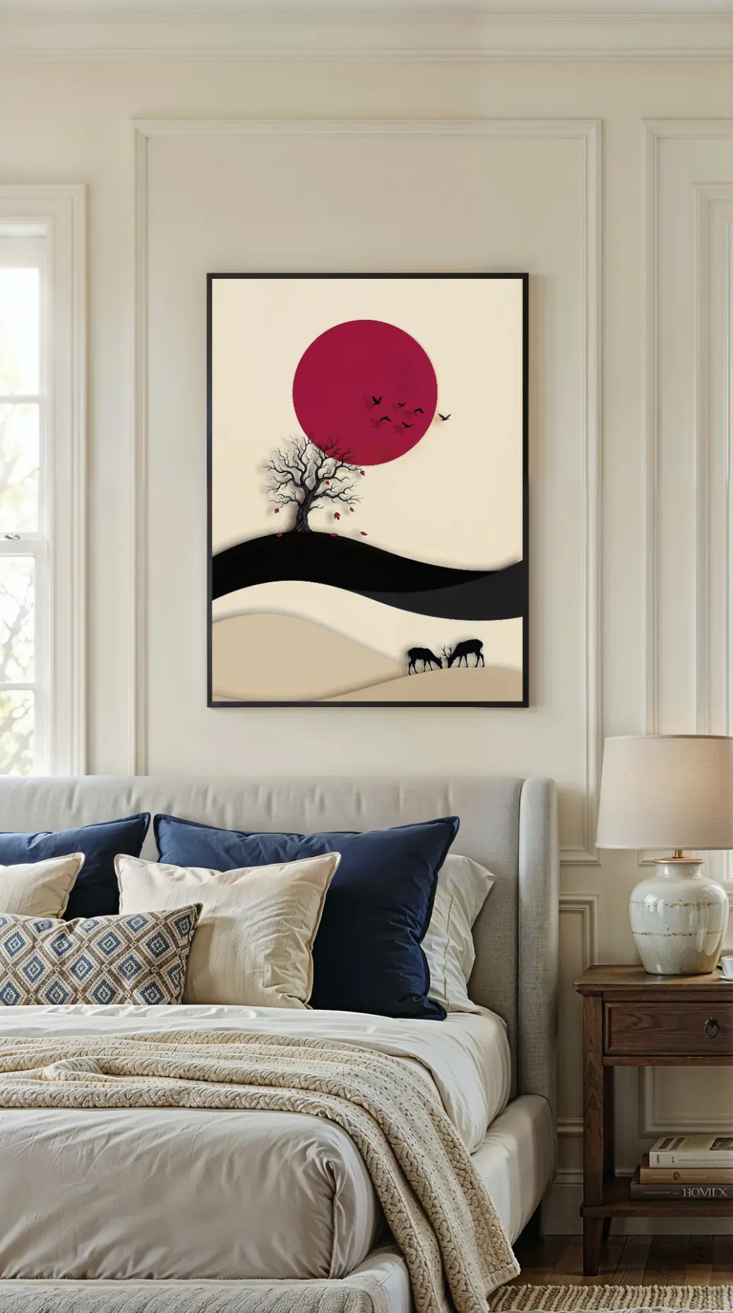 A full view of the vertical digital artwork titled &#34;Crimson Sun &amp; Deer.&#34; The composition features a massive, textured deep red sun centered against a soft cream-beige background. Below, stylized rolling hills in black, grey, and beige create a dimensional paper-cut effect. A silhouette of a black tree with falling red leaves stands on the left, while two deer graze peacefully on the right, capturing a serene autumn minimalist aesthetic suitable for modern interiors.