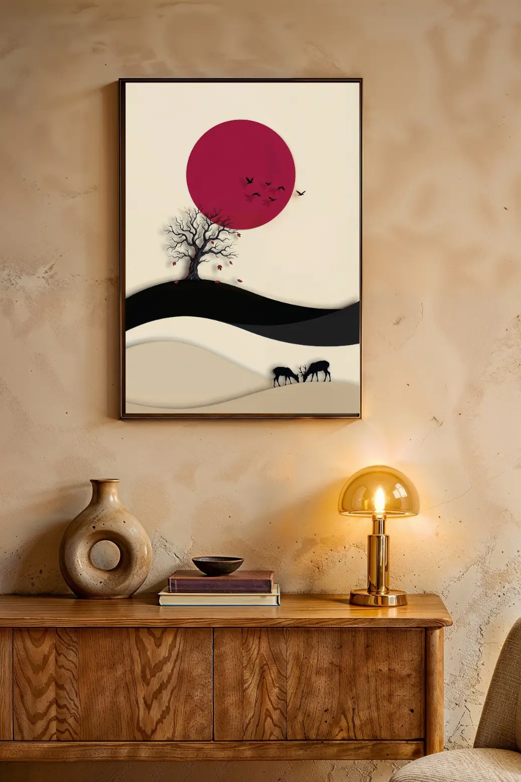 A macro view of the intricate black tree silhouette on the left side of the landscape. The twisted, barren branches contrast sharply against the red sun behind them. Small, distinct red leaves are depicted mid-fall, drifting down toward the dark hills. The sharp edges of the vector-style illustration highlight the &#34;paper-cut&#34; layering technique used by the artist to create depth without using actual paper.