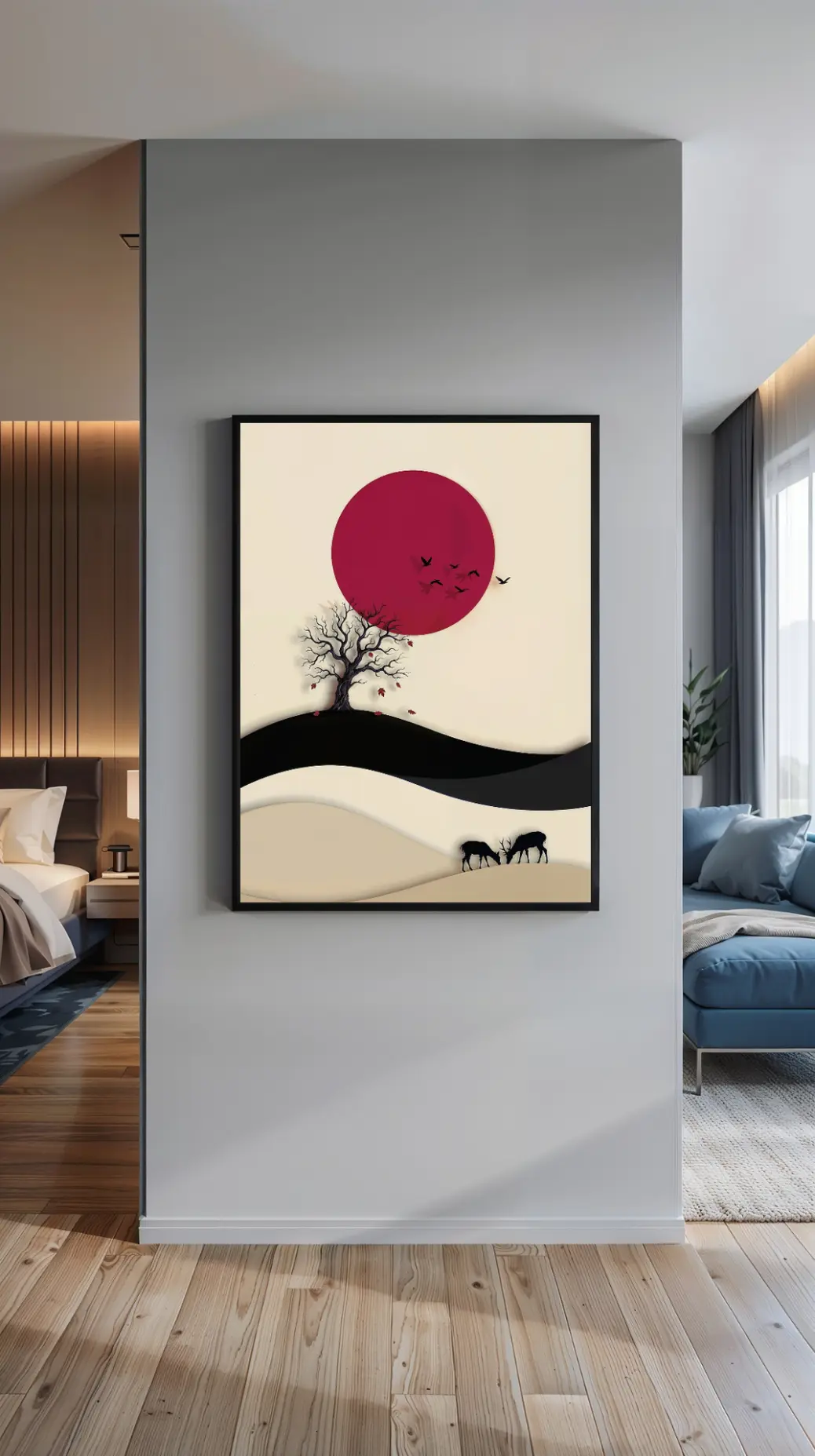 A close-up of the bottom right corner of the poster, featuring two small, detailed silhouettes of deer. One deer is grazing while the other stands with its head up, antlers clearly visible against the beige foreground hill. This section of the artwork adds a narrative of nature and wildlife to the abstract landscape, grounding the piece in a calm, pastoral mood perfect for relaxing spaces.