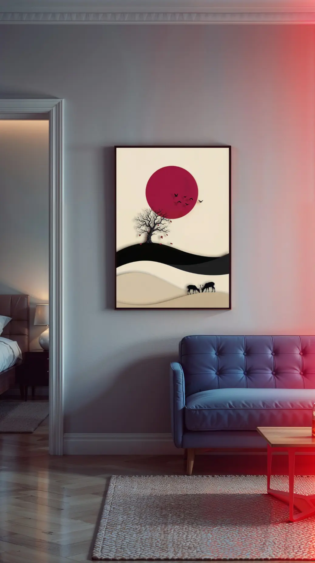 A cozy bedroom scene featuring the artwork placed on a wall above a wooden headboard. The ambient lighting in the room highlights the warm, off-white tones of the print&#39;s sky. This image demonstrates how the serene subject matter—nature, stillness, and soft colors—creates a tranquil atmosphere conducive to rest and relaxation in a master bedroom or guest room setting.