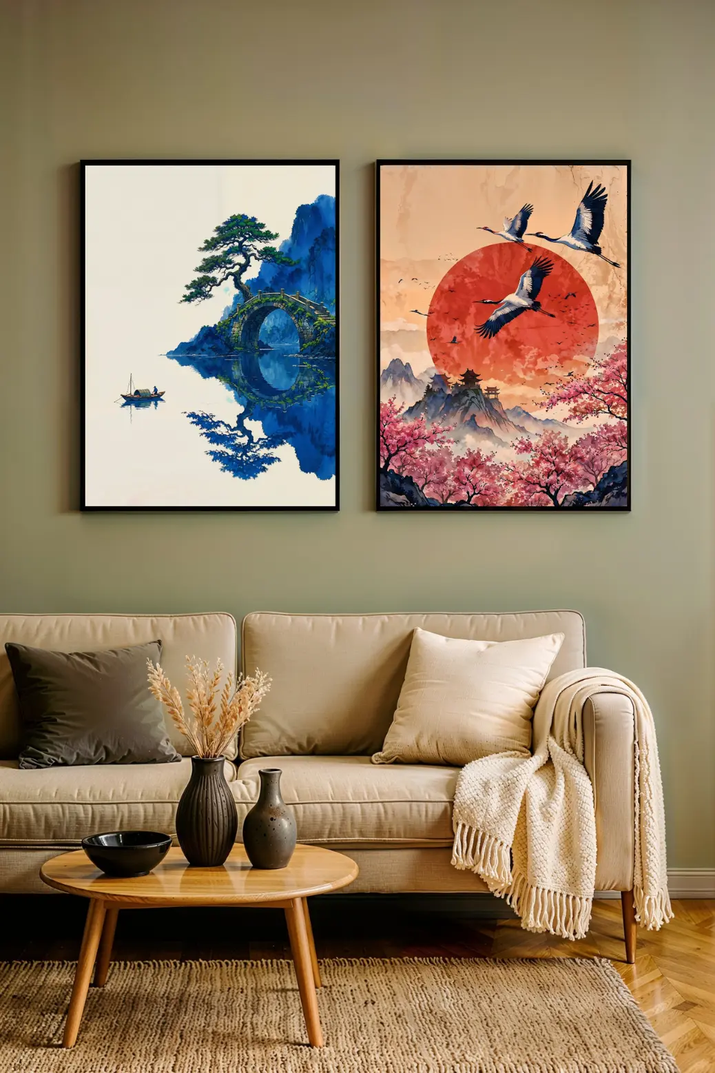 A vertical digital art print featuring a serene Japanese landscape. A traditional stone bridge arches over a calm blue river, with a twisted pine tree growing from the rocks and reflecting perfectly in the water. A solitary boatman drifts below, using deep indigo and cyan tones to create a peaceful, Zen atmosphere perfect for a bedroom or office sanctuary.
