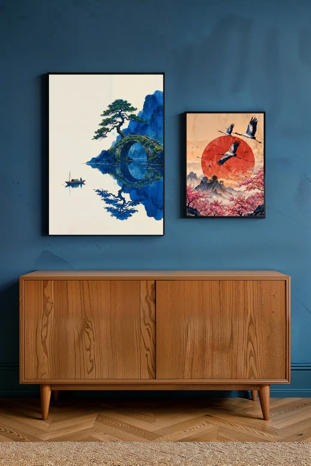 Interior design inspiration showing two large framed art prints hanging side-by-side above a neutral beige sofa. The left print is a cool blue river scene, while the right is a warm red sun with cranes. This Yin and Yang pairing creates a balanced, Japandi-style aesthetic that transforms a plain wall into a sophisticated focal point for the home.