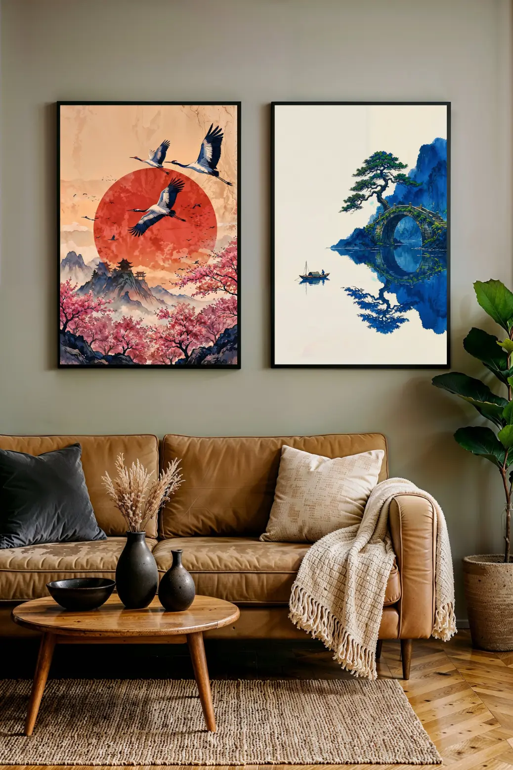 A macro detail shot of the digital artwork file highlighting the high-resolution 300 DPI quality. The image focuses on the digital brushstrokes of the pine tree needles and the subtle vintage paper grain effect on the red sun background. This demonstrates that the digital download retains a museum-quality, hand-painted look when printed large.