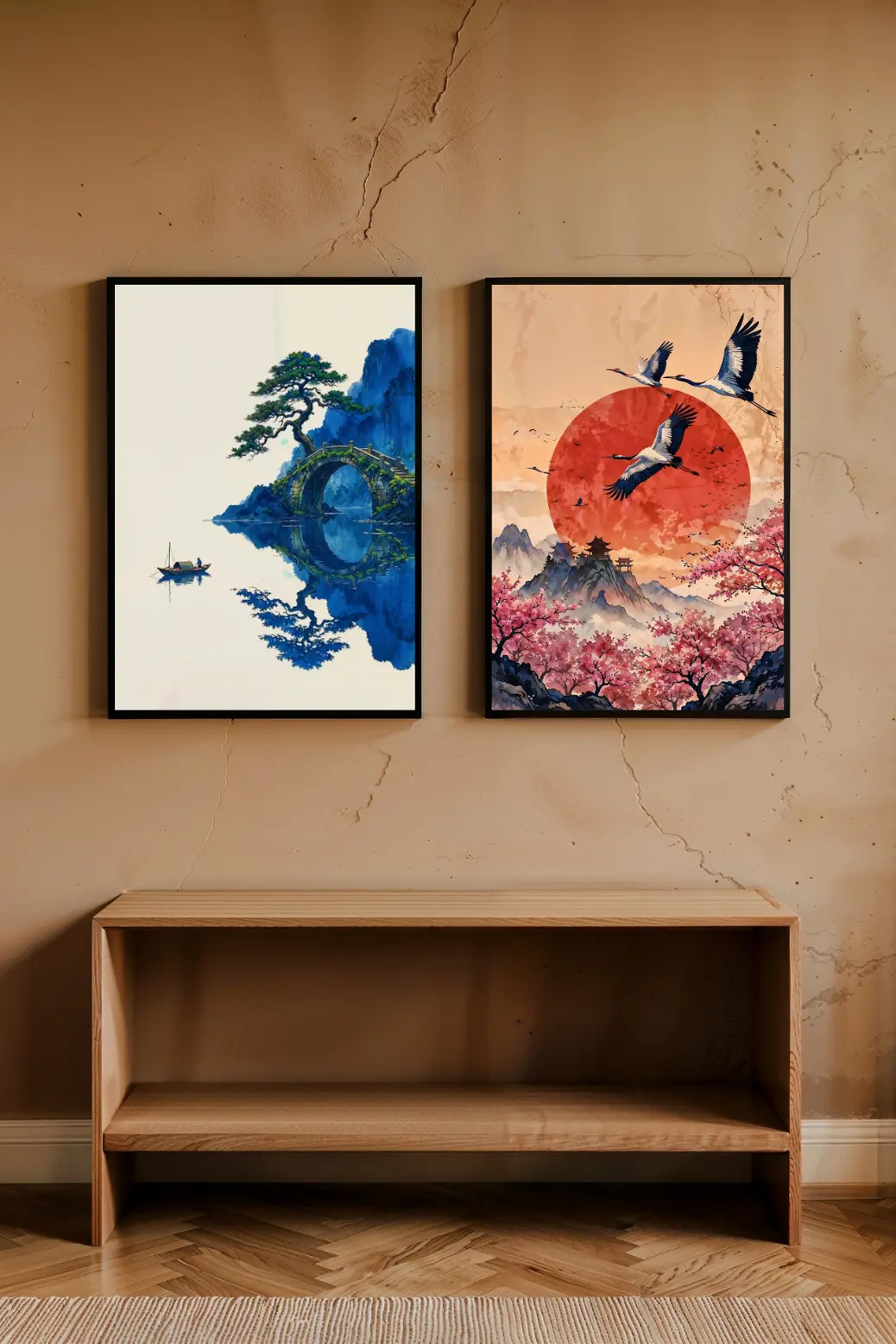 A styled home decor vignette showing the "Serene Blue Bridge" print leaning on a wooden floating shelf next to a ceramic vase filled with dried pampas grass. The cool blue tones of the artwork contrast beautifully with the warm wood and neutral accessories, demonstrating how to style printable art in a rental-friendly way without using nails.