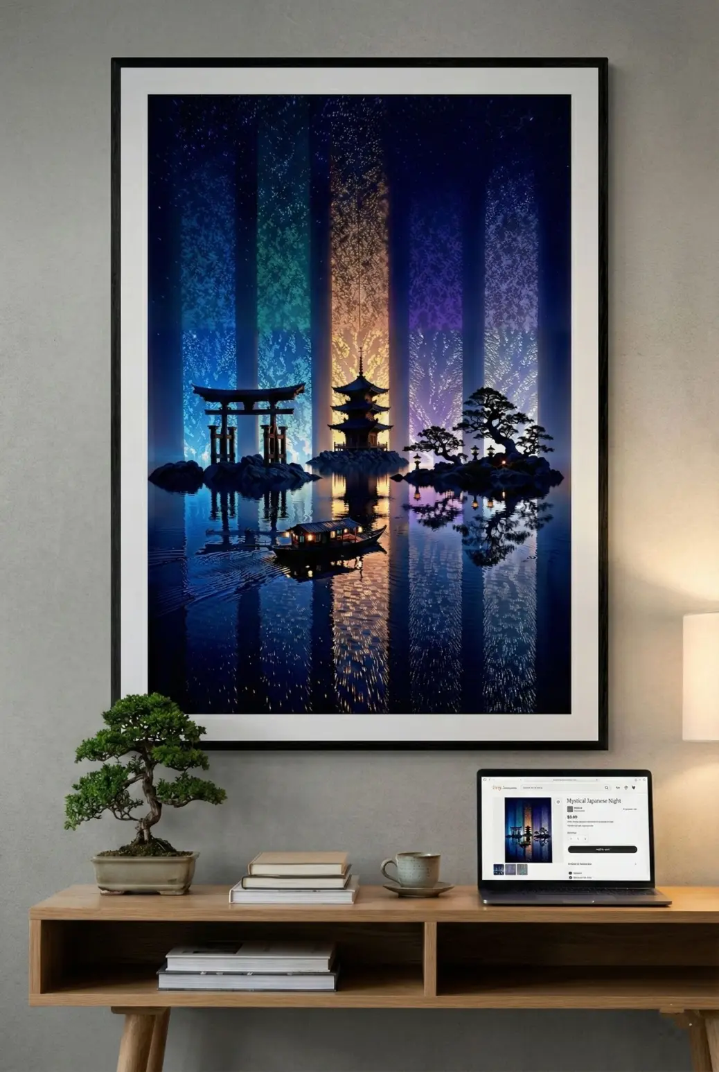 Close-up detail of silhouetted Bonsai trees and glowing celestial lights in a mystical Japanese night landscape.