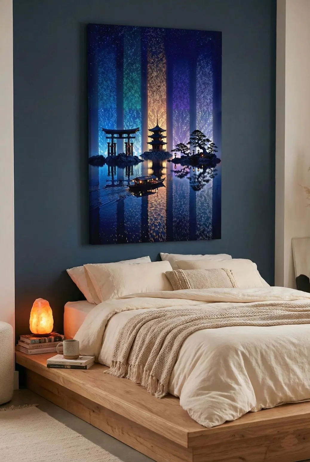 Detailed digital painting of a small wooden boat drifting near a Torii gate with hyper-realistic water reflections.