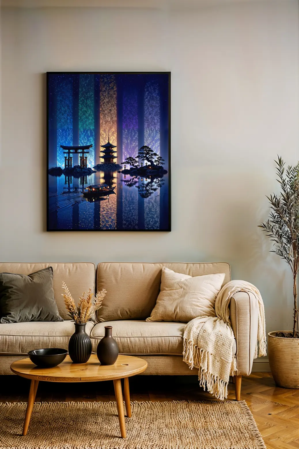 Digital fantasy art featuring a glowing Torii gate, Pagoda, and vertical starlight beams reflecting on calm water.