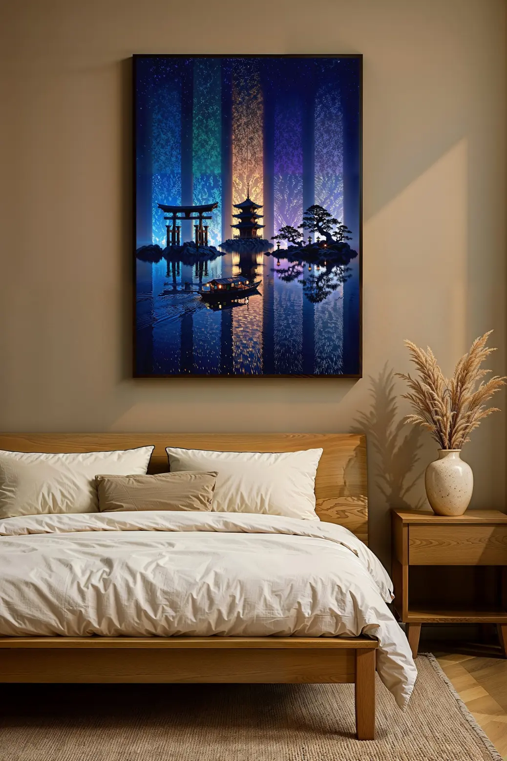 Vibrant vertical Japanese night scenery wallpaper displayed in a gaming setup with matching RGB lighting.