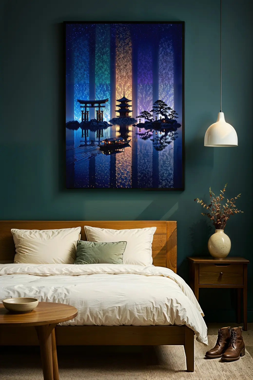 High-resolution 300 DPI texture zoom showing the brushstrokes of the glowing particles and mist effects.