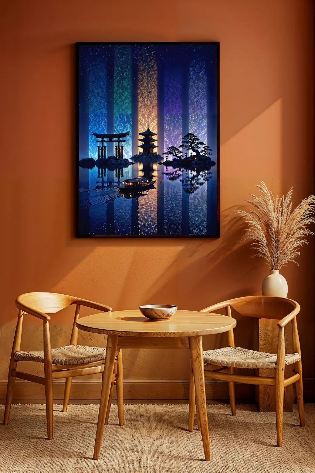 Framed 24x36 inch Japanese fantasy wall art hanging above a modern gray sofa in a minimalist living room.