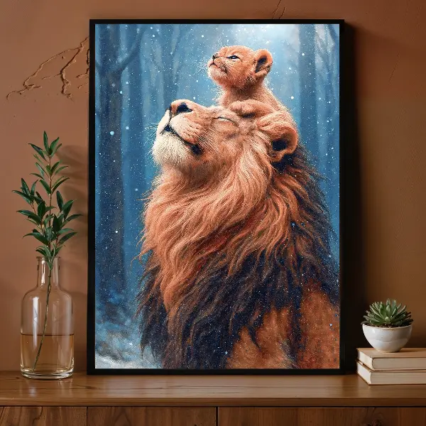 A zoomed-in close-up view of the digital artwork showing the incredible high-resolution details of the lion's mane and whiskers. This detail shot proves the quality of the 300 DPI PNG file, showing that there is no pixelation even when viewed up close. You can see the individual brushstrokes and the delicate snowflakes landing on the lion's fur, highlighting the realistic texture of this digital painting.