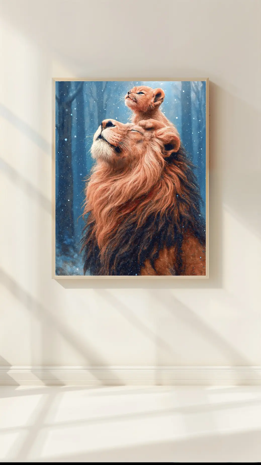A stunning digital oil painting featuring a majestic male lion with his eyes closed in a peaceful expression, accompanied by a small lion cub resting its paws on the father's head. They are situated in a snowy winter forest with soft blue light filtering through the trees. The artwork captures a moment of spiritual connection and family bonding, rendered in a realistic style that highlights the texture of the fur and the falling snow.
