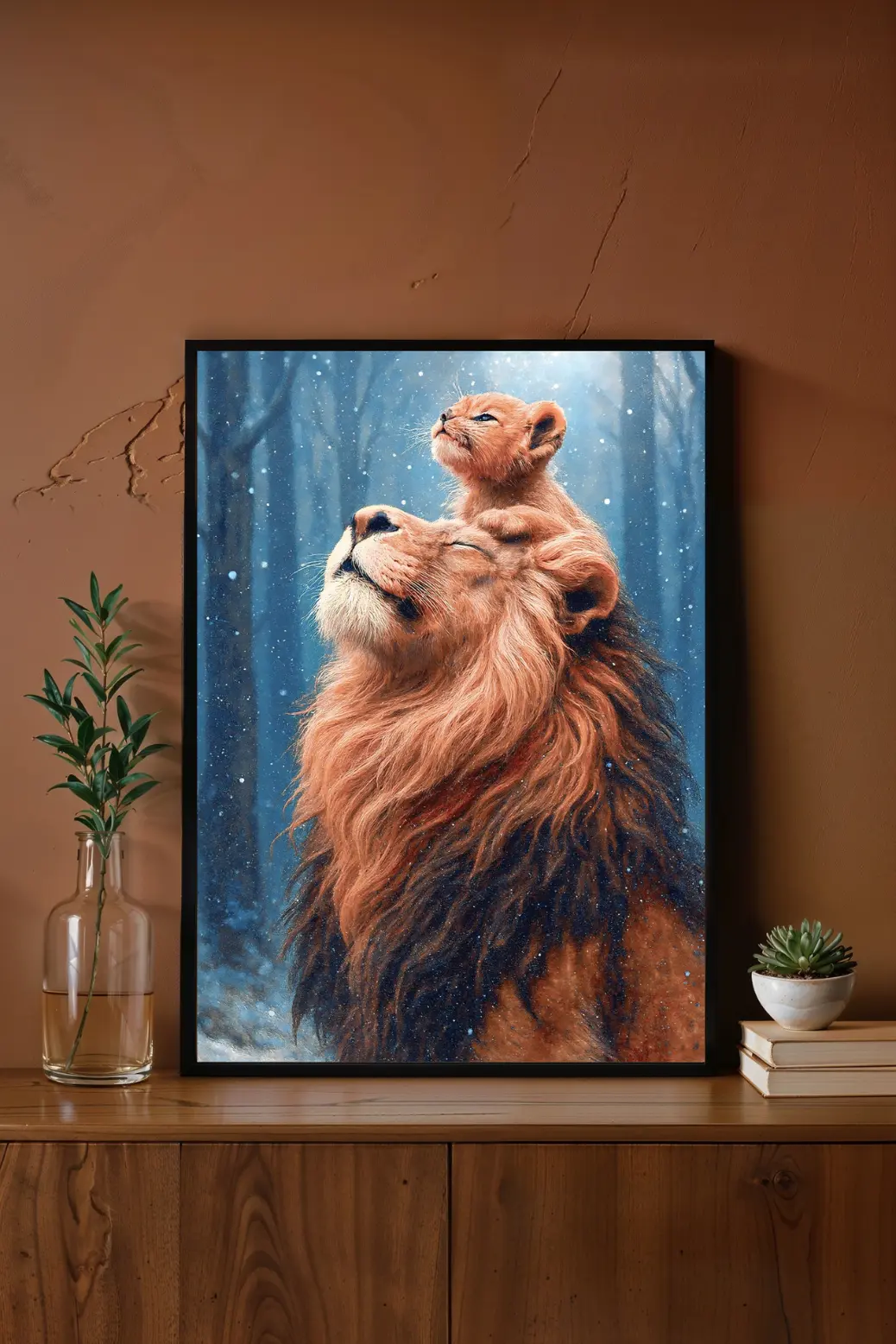 A design mood board extracting the primary colors from the Lion and Cub painting. Swatches show deep mahogany brown, burnt orange, icy blue, and soft white. This visual helps interior design enthusiasts understand how to match their wall paint and furniture to the artwork. It demonstrates that the print pairs well with leather furniture, wood accents, and cool-toned walls for a balanced aesthetic