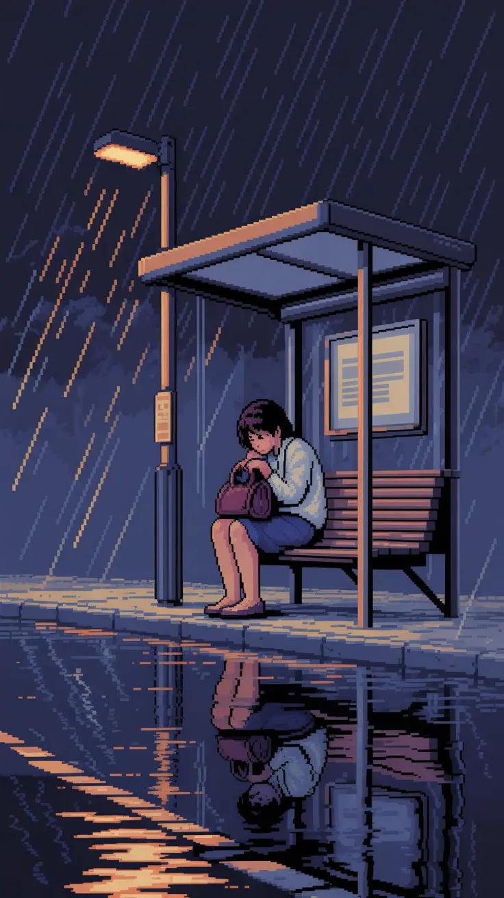Vertical pixel art depicting a weary traveler sitting under a green metal bus shelter during a heavy downpour. She wears a rust-colored jacket and rests her chin on her bag. The wet street reflects the city lights in chunky pixelated textures, creating a cozy yet lonely aesthetic perfect for lofi vibes.