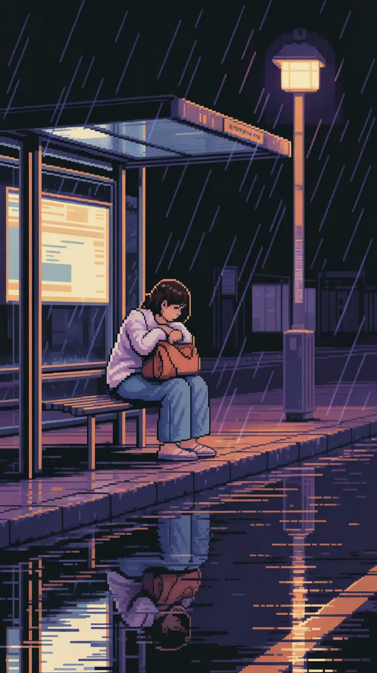 An atmospheric digital illustration of a woman in a white sweater and blue jeans waiting for a bus in the rain. The composition features deep shadows inside the shelter contrasted against bright highlights from a nearby streetlamp. The scene evokes feelings of patience and the beauty of a quiet rainy night.