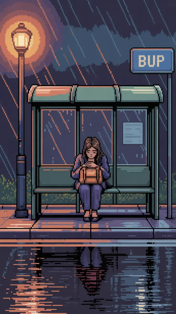 A nostalgic pixel art illustration of a young woman sitting alone at a city bus stop under a sign reading BUP. Heavy rain falls in diagonal lines through the glow of a warm orange streetlamp. She clutches her bag tightly while staring down, surrounded by a melancholic, lo-fi urban night atmosphere.