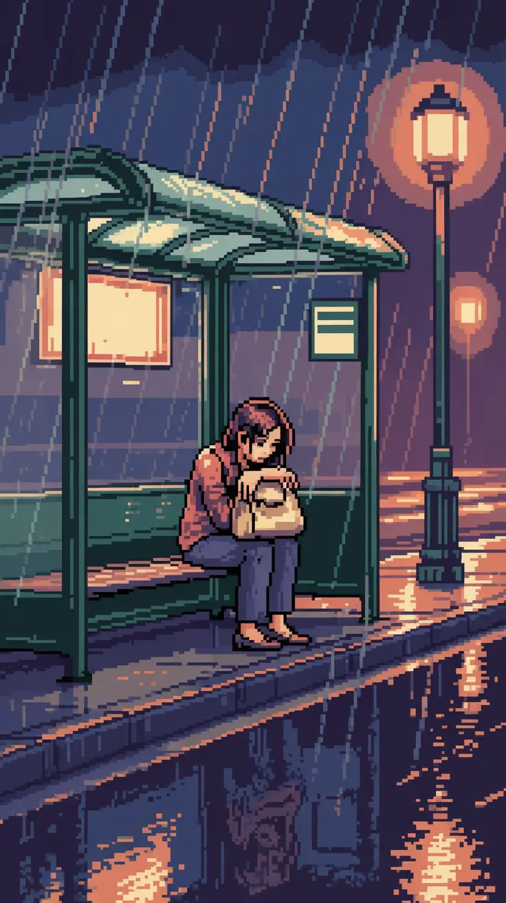 A moody lo-fi digital art piece showing a girl waiting on a wooden bench at a rainy bus shelter. The scene is bathed in cool blue and purple twilight tones. Her reflection shimmers clearly in a large puddle on the sidewalk, capturing a quiet moment of urban solitude and introspection in retro style.