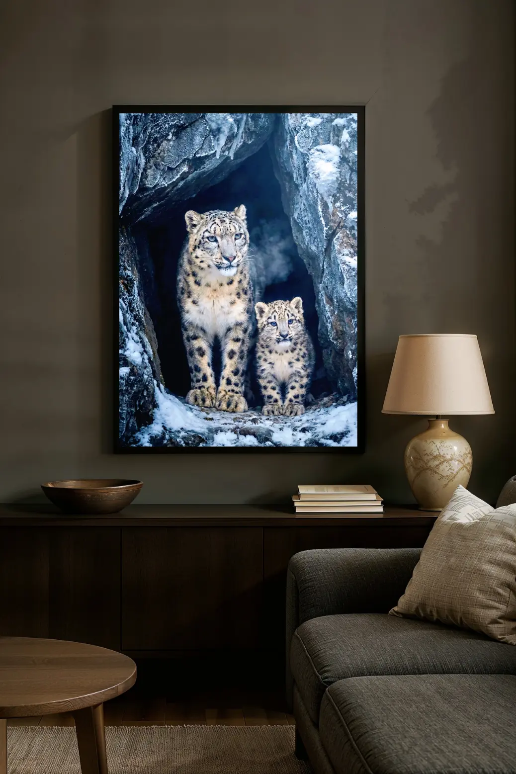 A contemporary living room interior design mockup showing the framed snow leopard and cub art piece hanging above a charcoal grey sofa. The cool blue tones of the ice cave artwork perfectly complement the white walls and minimalist furniture, demonstrating how the large 24x36 inch print acts as a sophisticated focal point for a winter-themed home refresh.