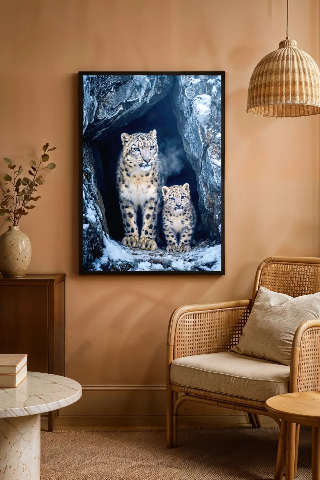 An extreme close-up zoom of the digital PNG file demonstrating the professional 300 DPI quality. The image reveals the sharp definition of individual whiskers on the snow leopard cub’s face and the crystalline texture of the blue ice in the background, proving that the file retains its clarity and does not pixelate even when printed at larger poster sizes.