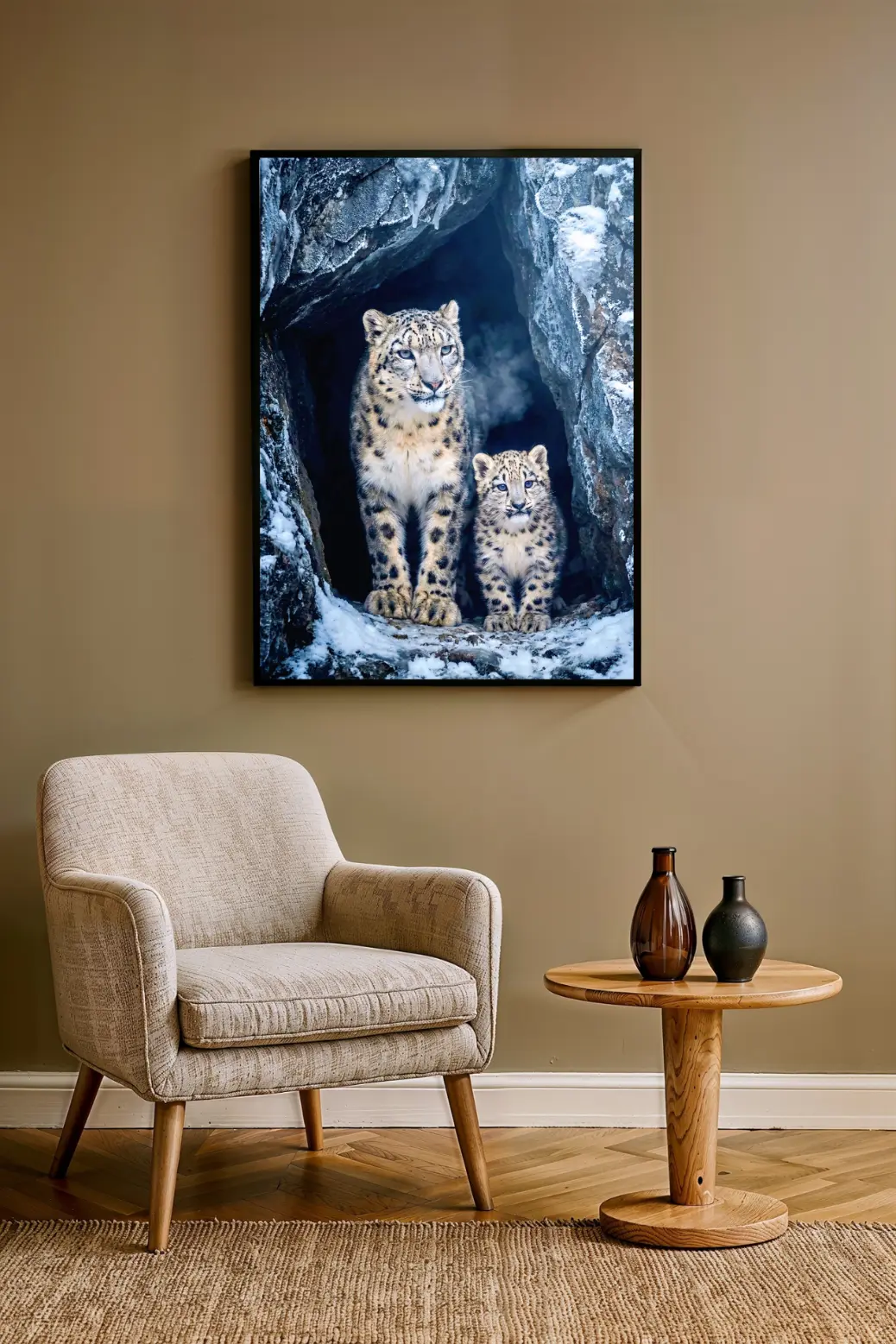 A side-angle photograph of the artwork printed on a high-quality textured canvas material rather than photo paper. This image showcases the versatility of the digital file, highlighting the depth of the dark shadows in the cave and the bright white highlights of the snow, proving the art looks consistent across different printing mediums.