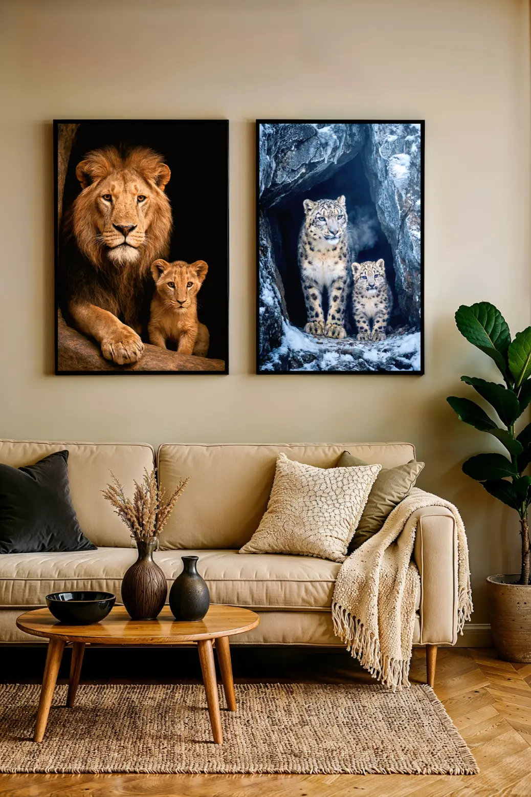 A modern living room interior featuring two large framed art prints hanging side-by-side above a beige sofa. The left print shows a snow leopard in a cool blue cave, while the right print shows a golden lion on a black background, creating a stunning warm and cool color contrast.