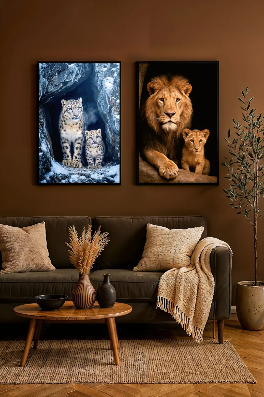 A framed 24x36 inch poster of a lion father and son hanging in a cozy corner with a wooden sideboard and armchair. The rich black background of the artwork adds depth to the textured beige wall, demonstrating how wildlife photography adds sophistication to a home office or lounge.