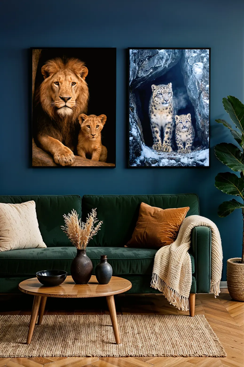 An eclectic living room setup with a wooden coffee table and neutral decor, featuring the Lion and Snow Leopard prints as a dual gallery wall. The pairing illustrates the "Fire and Ice" decor theme, merging the warmth of the African savannah with the chill of the Himalayas.