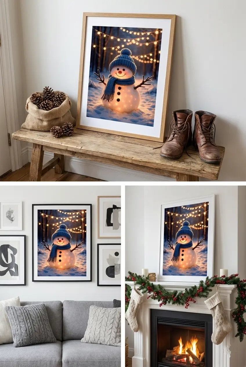 A vertical high-resolution digital art poster featuring an adorable snowman standing in a snowy forest at twilight. The snowman is wearing a textured blue knit beanie with a pom-pom and a matching blue scarf wrapped snugly around its neck. The background is filled with soft, glowing golden bokeh lights stringing through the bare winter trees, creating a magical, warm, and inviting holiday atmosphere. The snowman has a carrot nose, coal buttons, and a cheerful, welcoming smile perfect for winter.