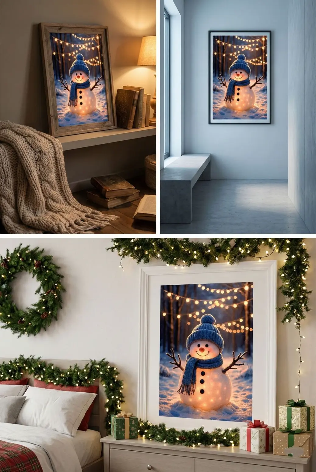 Close-up detail of a digital illustration showing a glowing snowman illuminated by warm fairy lights. The artwork captures a distinct contrast between the cool blue tones of the fresh snow on the ground and the warm, golden yellow glow radiating from the string lights in the background. This lighting effect creates a cozy, hygge aesthetic suitable for Christmas home decor. The image demonstrates the high-quality 300 DPI resolution, showing no pixelation even when zoomed in on the sparkles.