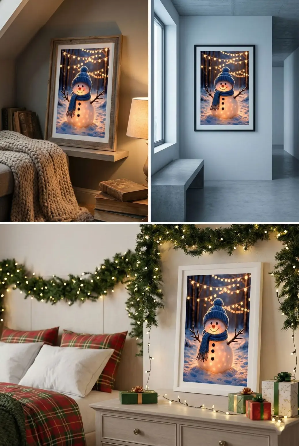 A framed wall art mockup displaying the Magical Glowing Snowman print inside a modern living room setting. The artwork is centered on a wall, adding a festive focal point to the room. The image showcases how the scalable 2:3 aspect ratio fits perfectly in standard frames like 24x36 inches or 16x24 inches. The cute character design makes it ideal for family-friendly spaces, nurseries, or entryways during the holiday season, blending digital art with traditional Christmas interior design styles.
