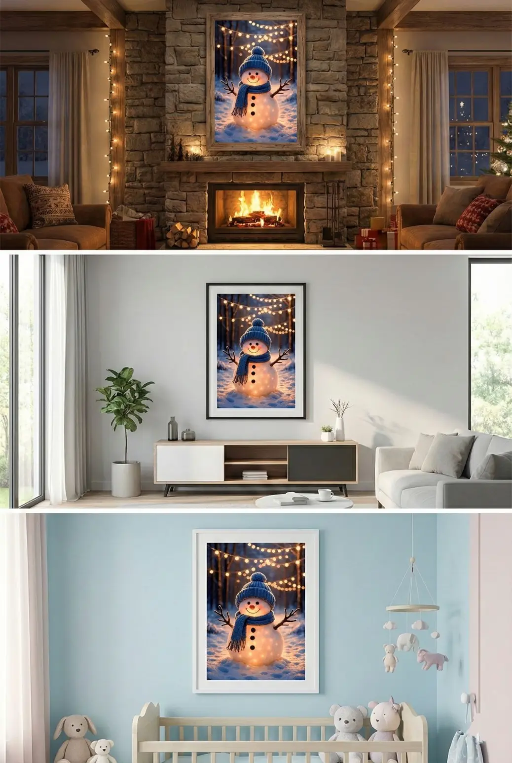 A detailed view of the digital brushwork on a snowman art print. The image highlights the realistic texture of the knitted wool hat and scarf, as well as the soft, powdery appearance of the snow at the snowman's base. Stick arms reach out joyfully, and the "bokeh" light effect in the background adds depth and dimensionality to the piece. This printable PNG file is designed to look like a high-end painting when printed on cardstock or matte art paper for holiday decoration.