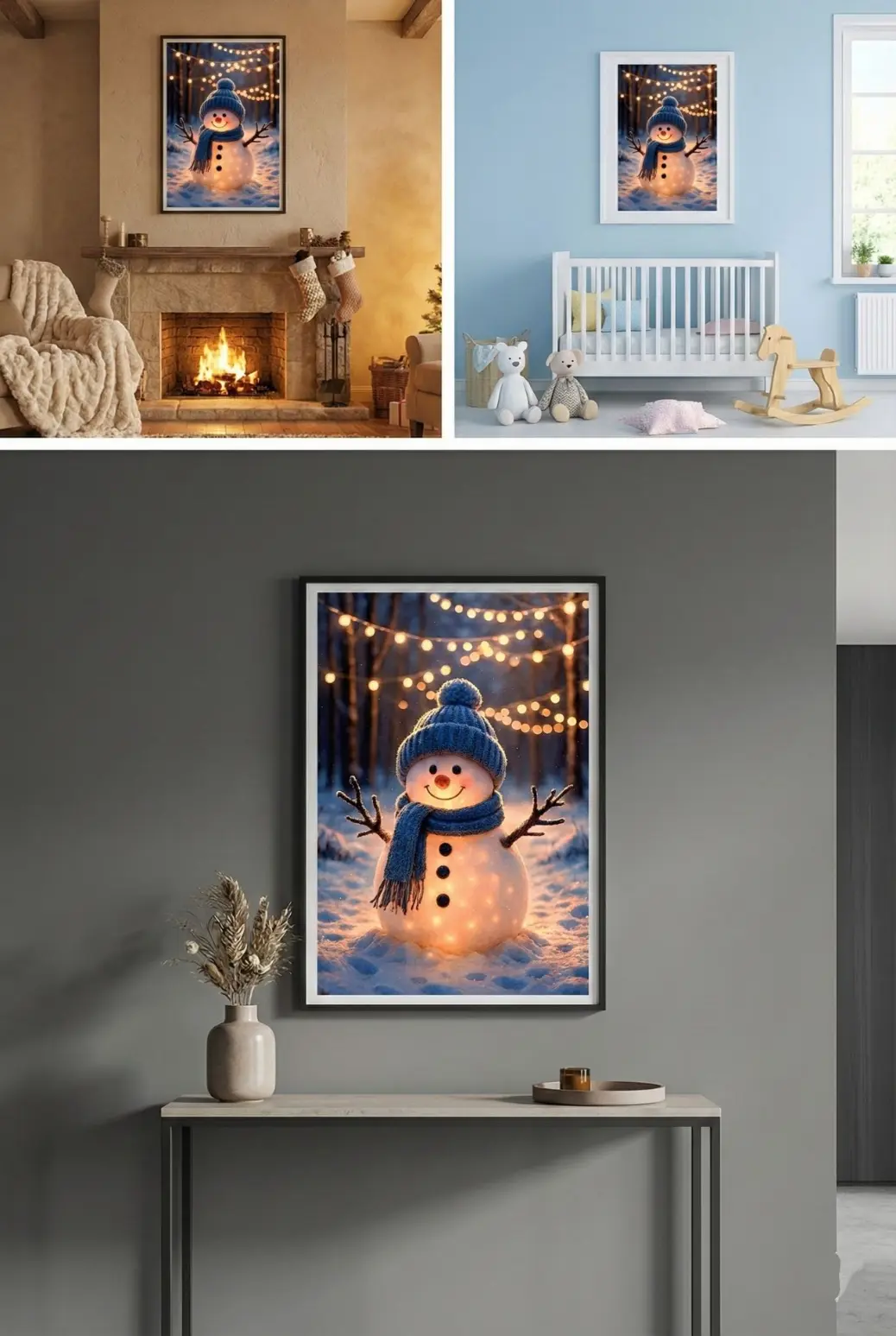 An illustration of a happy snowman surrounded by a magical winter forest, presented as a perfect affordable digital gift idea. The image represents a downloadable product available for $5.00 that can be printed instantly. The warm expression on the snowman's face and the festive string lights make it a heartwarming gift for friends, family, or coworkers. The alt text emphasizes the convenience of instant digital delivery for last-minute Christmas shopping and DIY home framing projects.