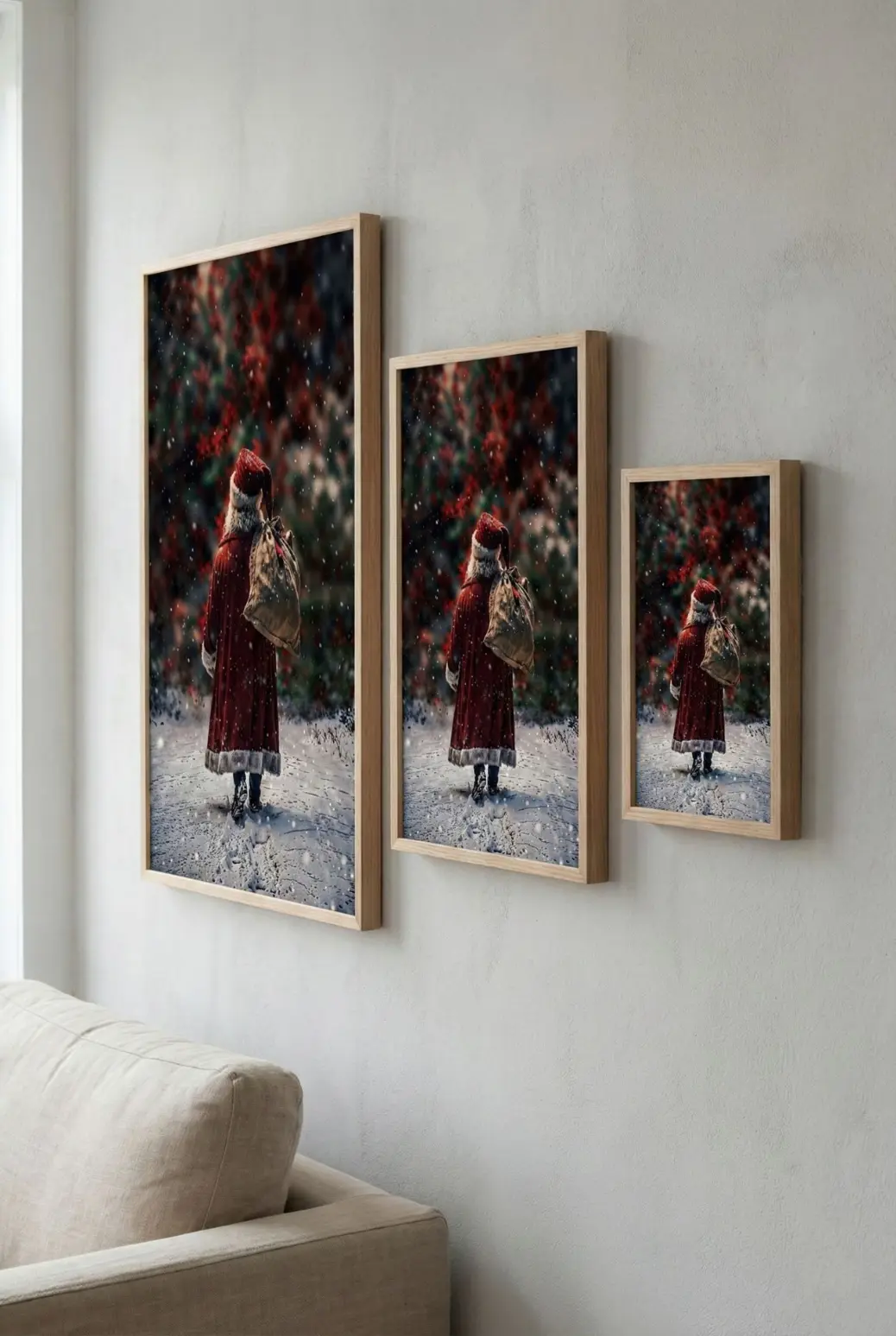 A high-quality digital art print featuring a realistic Santa Claus viewed from behind, walking away into a deep snowy forest. He wears a classic dark red velvet coat with thick fur trim and carries a heavy burlap toy sack over his right shoulder. The background is a soft, blurred winter wonderland with falling white snowflakes and hints of deep red winter foliage, creating a nostalgic, peaceful, and vintage Christmas atmosphere perfect for holiday wall decor.