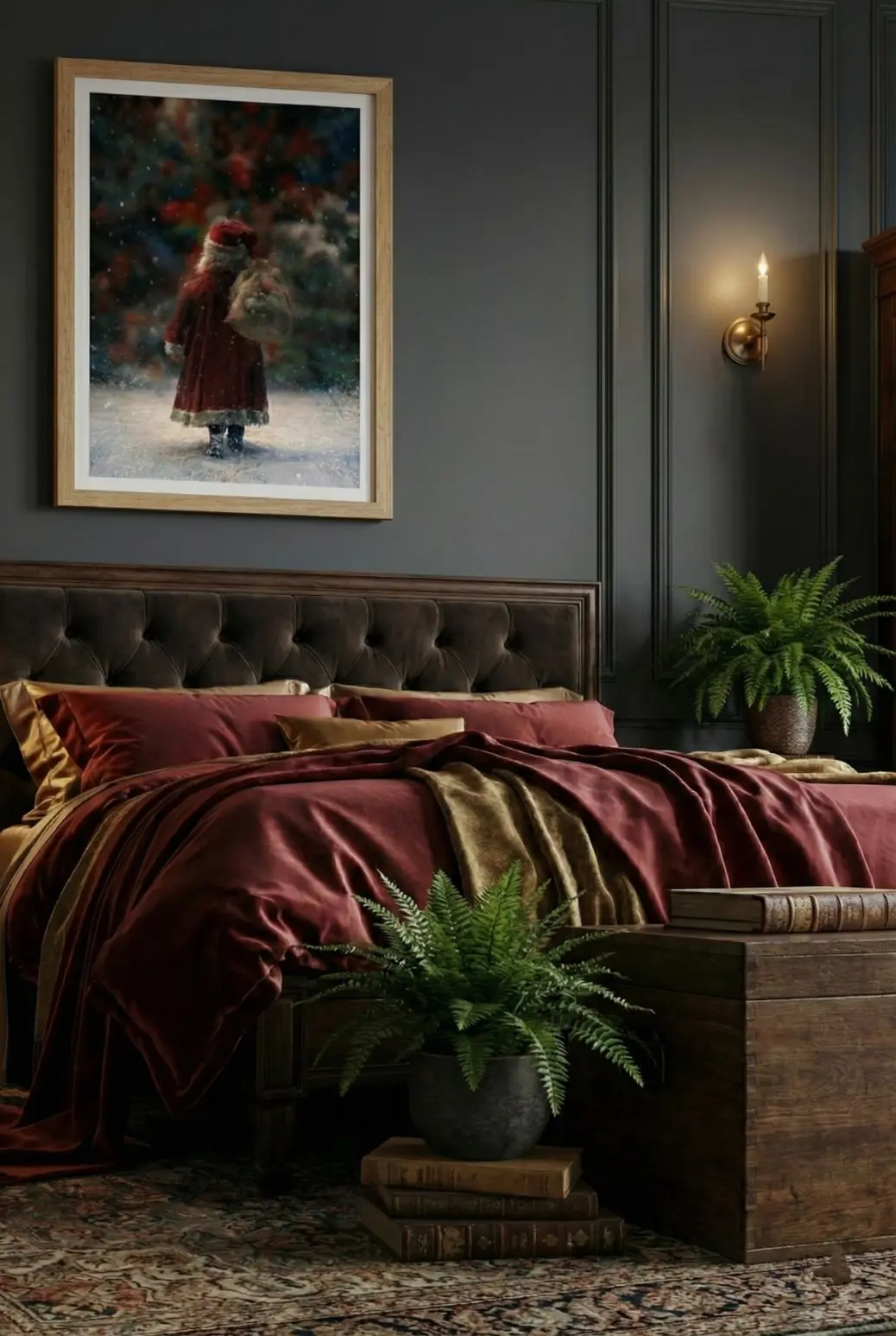 Close-up detail shot of the Santa Claus digital print showing the high-resolution texture of the artwork. The image displays the intricate details of the falling snow against the red coat and the realistic fabric texture of the sack. This demonstrates the 300 DPI quality of the downloadable JPG file, ensuring that when printed at large sizes like 16x24 inches, the image remains sharp, crisp, and free of pixelation for professional-looking home decor.