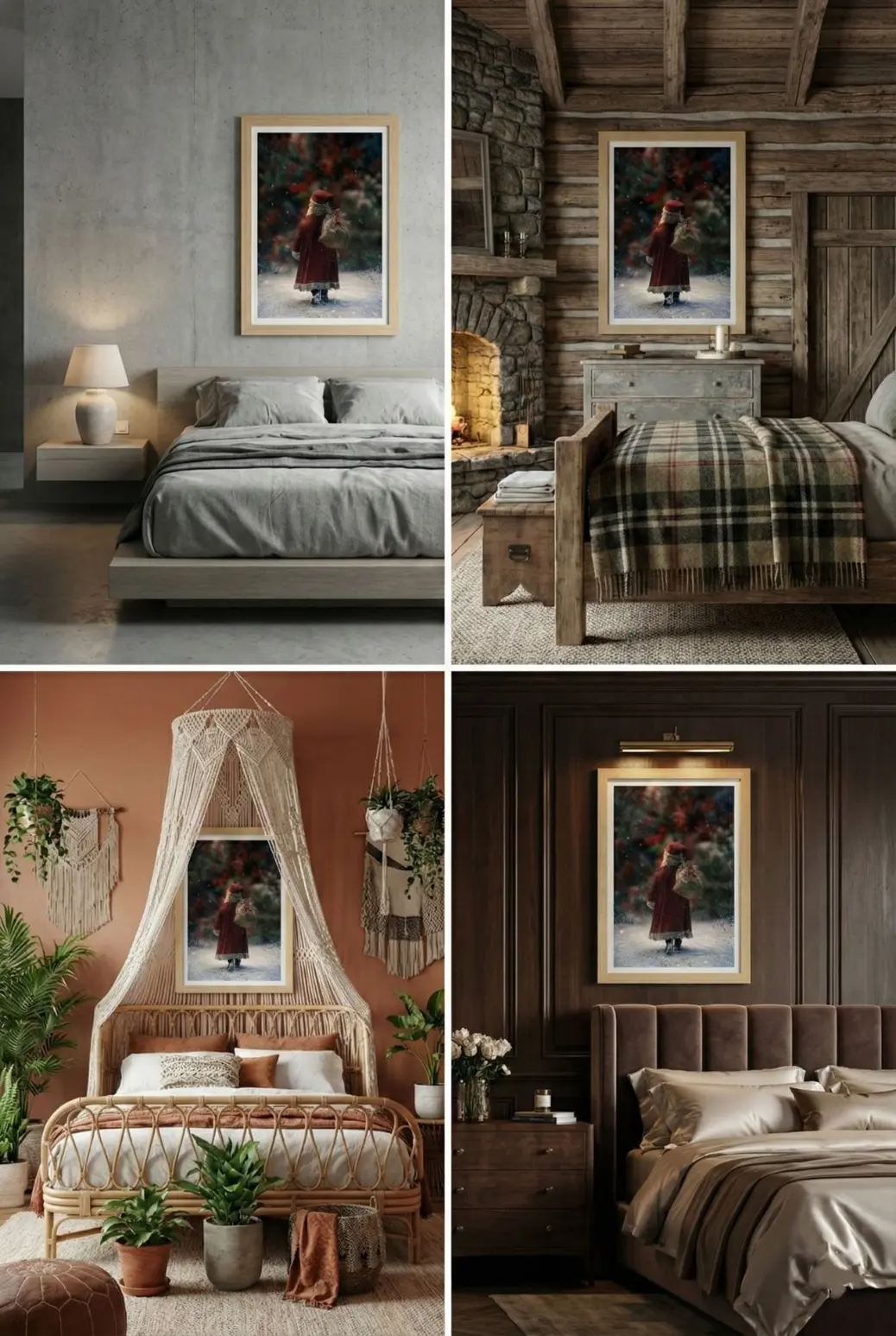 An interior design concept showing the framed Classic Santa art print hanging on a wall in a cozy living room setting. The artwork is framed in a rustic wood frame, positioned above a mantle decorated with evergreen garlands and soft candlelight. This visual demonstrates how the rich red and white colors of the winter landscape print complement farmhouse, rustic, or traditional Christmas home styling themes, adding a warm and inviting focal point to the room.