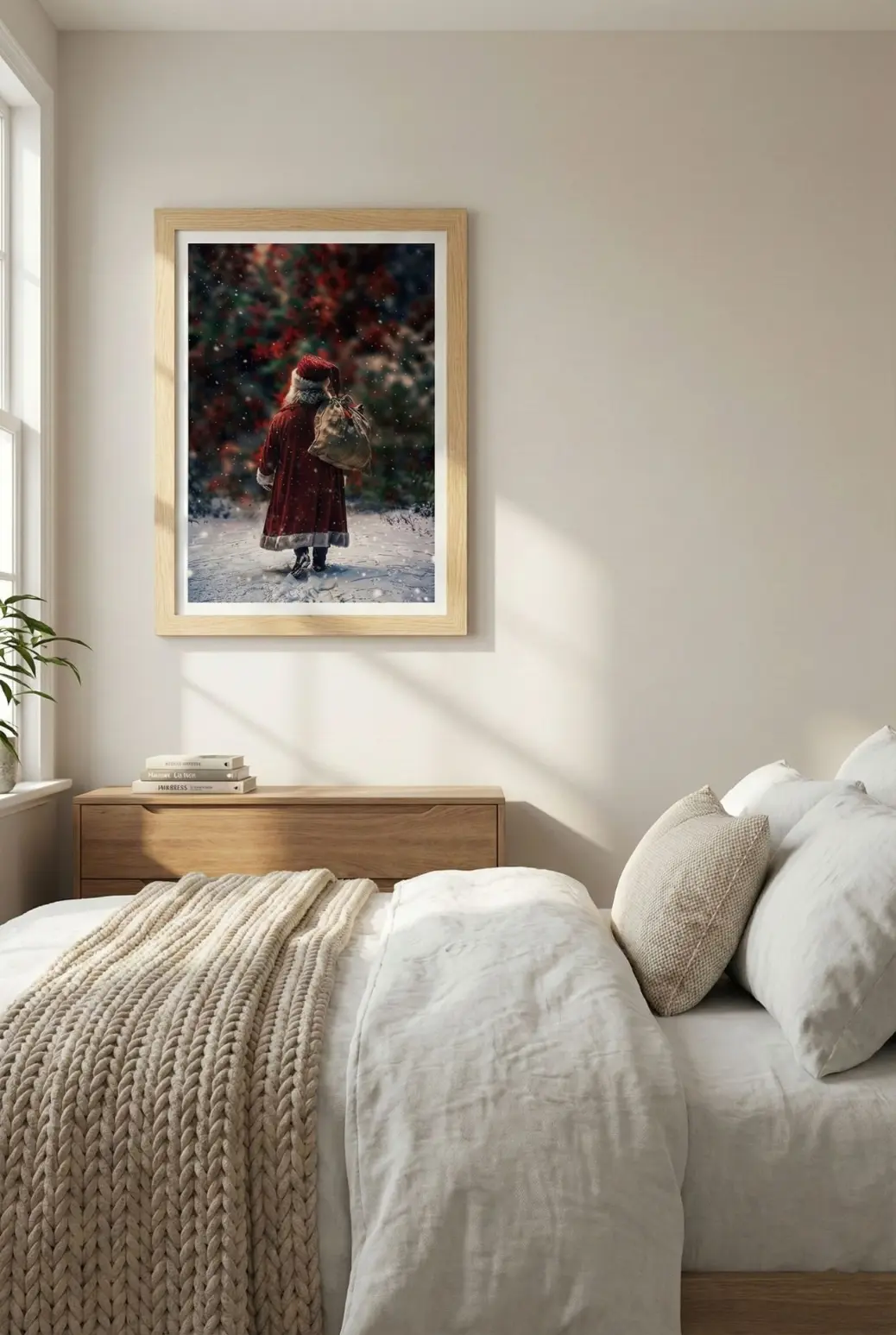 A mood board aesthetic shot focusing on the color grading of the Santa art piece. The image highlights the deep crimson reds of Santa's outfit contrasted against the cool icy blues and whites of the snow-covered ground and trees. This emphasizes the cinematic and moody lighting of the artwork, distinguishing it from bright cartoonish holiday decor and showcasing its suitability for elegant and sophisticated winter interior design themes.