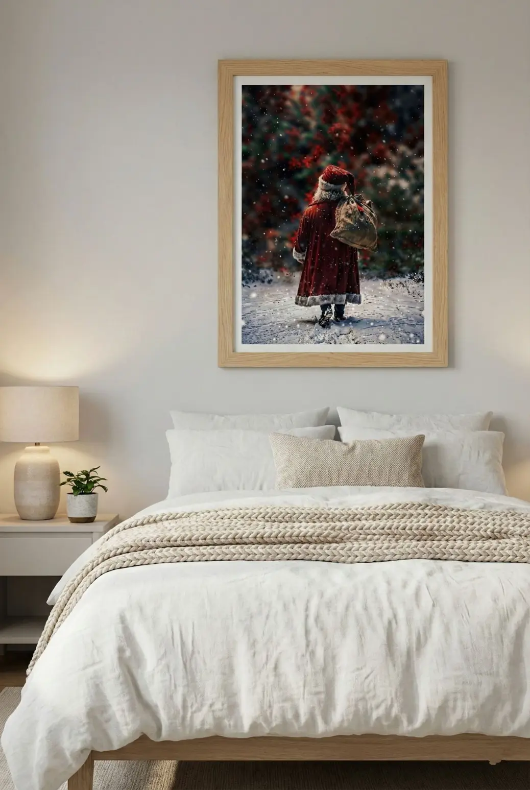A focused look at the composition of the art, highlighting the emotive stance of Santa Claus walking away from the viewer. This perspective evokes a sense of mystery and the end of a long night of gift-giving. The solitary figure in the vast snowy landscape captures the quiet magic of Christmas Eve, making this digital print a sentimental and storytelling piece of art rather than just a standard holiday decoration.